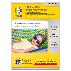MR.R Tek Taraflı Yüksek Parlaklıkta Inkjet Fotoğraf Kağıdı 210x297mm Paket Başına 100 Yaprak 135gsm 35LB - Product Image 1