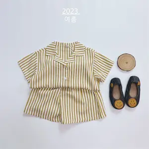 Summer children's suit Korean short sleeve shorts thin striped suit chiffon fabric boys and girls home set
