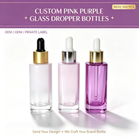 Flacon compte-gouttes carré en verre personnalisé de 30 ml (1 oz) rose, violet, blanc pour sérum et huile essentielle – Emballage OEM à faible MOQ