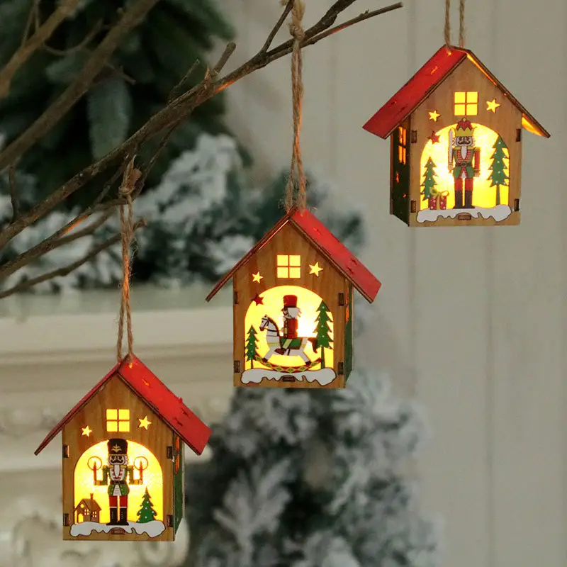 Christmas LED light assembly walnut wood cabin Christmas tree hanging ornaments children kids handmade DIY small gifts