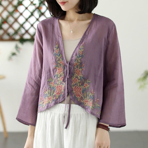 Women's Embroidered Chiffon Cardigan Long Sleeve <b>Tie</b> Front Summer Blouse Breathable Yellow Green <b>Purple</b> Orange Cotton Wrap Shirt - Product Image 2