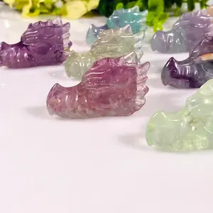Groothandel Natuurlijke Kristal Ambachten Dieren Houtsnijwerk Kleurrijke Fluoriet Drakenkop Snijwerk Voor Huisdecoratie