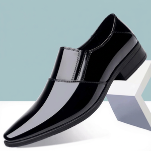 Mocasines de Hombre de Cuero Sintético Sólido con Punta Puntiaguda, Suela de Goma Suave, Logotipo Grabado, Zapatos de Boda, Forro de Cuero Genuino Negro - Product Image 1