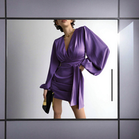 Robe de soirée décontractée en satin de luxe français, coupe mini trapèze, printemps-automne, en polyester/coton écologique, col en V, unie, pour femme
