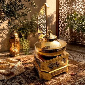 Ensemble de réchauds ronds en acier inoxydable Royal Gold avec cadre en treillis géométrique arqué et couvercle pyramidal pour la restauration de luxe - Product Image 1