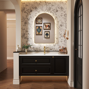 Meuble de salle de bain rétro français avec lavabo intégré en céramique et lavabo en ardoise - Product Image 2