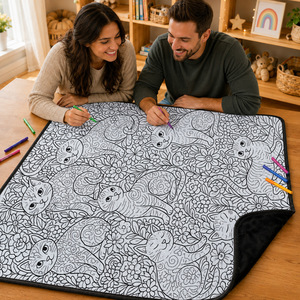 Couverture à colorier personnalisable pour enfants, activité parent-enfant, motif animalier et floral à lignes blanches, lavable - Product Image 4