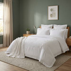 Parure de lit moderne Ninh Binh en coton égyptien brodé blanc sur blanc 400TC, biologique et rafraîchissante - Product Image 2