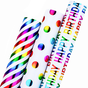 Papel de embalaje electroaluminizado personalizable con puntos coloridos y rayas diagonales, ideal para cumpleaños. - Product Image 1