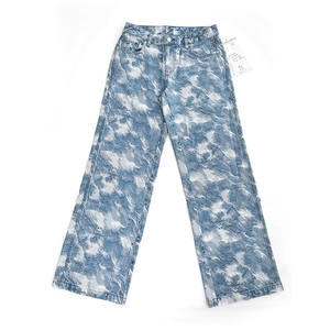 Pantalon haut de gamme personnalisé à imprimé bleu ciel délavé pour femmes Pantalon à jambes larges Jeans jacquard à motif de tissu denim - Product Image 1