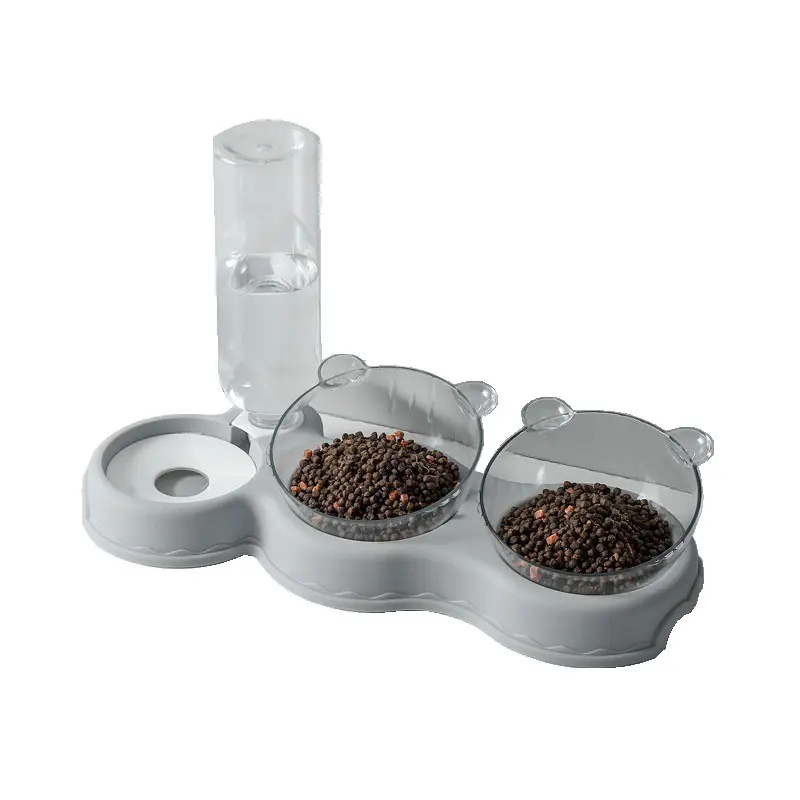 Set makanan hewan peliharaan multifungsi, mangkuk tiga dalam satu plastik portabel dua mangkuk dengan botol air pemberi makan air otomatis