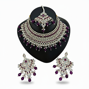 Platinum Plated Brass Zircon Bridal Jewelry <b>Set</b> Choker Necklace Drop Earrings Tikka High Quality Ethnic Wedding Anniversary Gift - Product Image 2