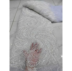 Tela de Encaje con Cuentas de Lujo 2025 para Asoebi, Verde Mezclado con Rosa, Tela de Encaje con Cuentas de Lujo, Cristal y Pedrería - Product Image 2