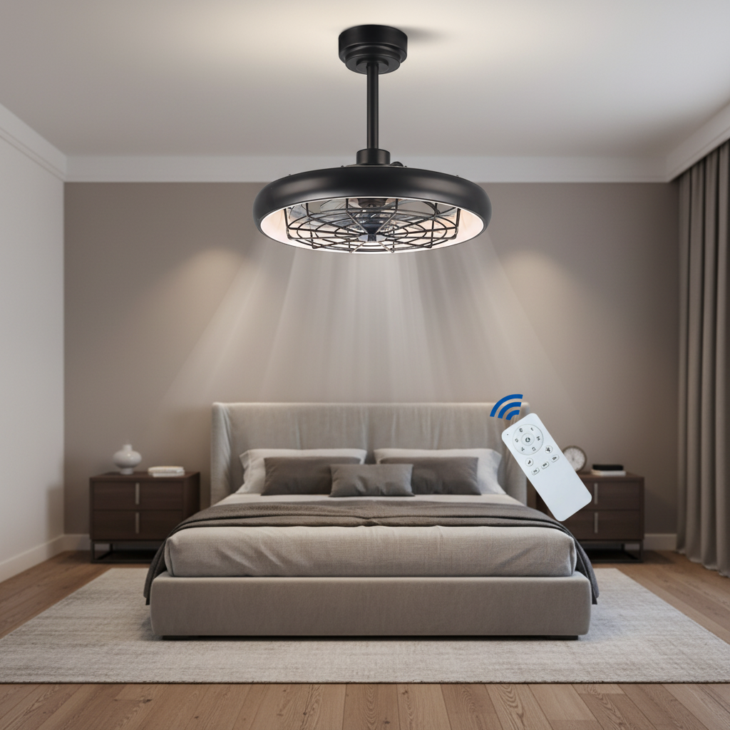 Living Room Dining Room 20-Inch Black ABS Iron Lampshade Material Ceiling Fan Light