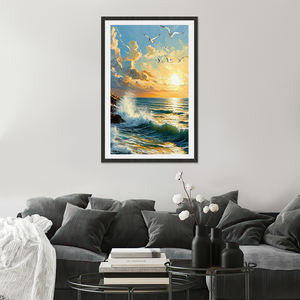 Pintura al Óleo Hecha a Mano: Atardecer Dorado en la <span class=keywords><strong>Costa</strong></span> con Gaviotas, Olas y Luz Cálida, Cuadros Decorativos Únicos para el Hogar - Product Image 6