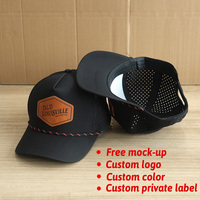 Hoge kwaliteit performance baseball pet waterdicht 5 panel custom lederen patch logo lasergesneden geperforeerd mesh trucker golf pet
