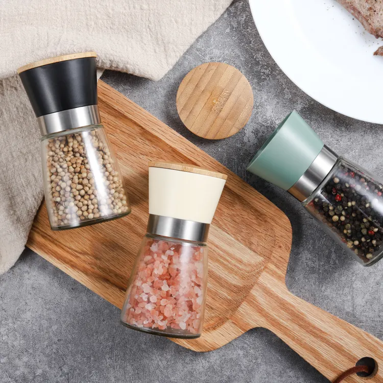 Amazon Supplier Domestic Manual Glass Bottles Dry Spice Grinder Bamboo Lid Salt and Pepper Grinder