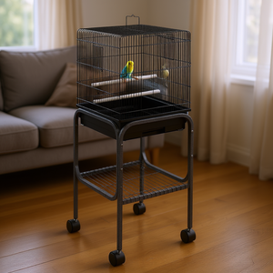 Cage à oiseaux en métal noir de 44,5 pouces avec support roulant détachable inclus pour perruches, calopsittes, canaris, pinsons, perruchettes - Fournitures - Product Image 2