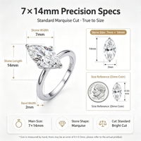 Bague en Moissanite Marquise 3 carats 7x14mm pour Femme, en Argent S925 Plaqué Or, Diamant Éblouissant, Bijoux Fins Style Ins avec GRA