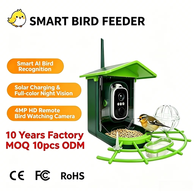 Solar Smart Bird Feeder with AI Recognition, 4MP HD Camera Full Color Night Vision Outdoor Wild Bird Watching Device