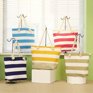 Striped Canvas Tote Bag Navy White Rope Handle <b>Waterproof</b> Travel Bag Unisex Preppy Style Bulk - Product Image 6