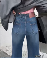 Celana Jeans Wanita Ukuran Besar Model Flare Biru Denim, Desain Anti Kusut, Pinggang Tinggi Elastis, Kancing, Logo Dapat Disesuaikan, Kasual Modis