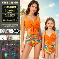 Groothandel Grote Maat Familie Bikini Set Strik Hoge Taille Zwemkleding OEM Moeder Dochter 2-delig Gerimpeld Print Badpak