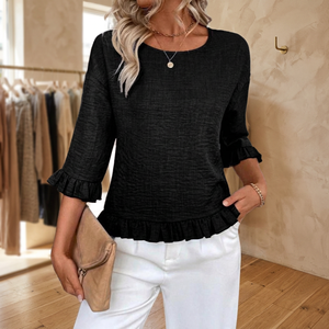 Women's Black Knitted Ruffle Sleeve Blouse O-Neck Loose Fit Casual <b>Top</b> Three Quarter Sleeves Solid Color All Seasons Wear - Product Image 4