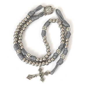 Lussuoso Rosario Cattolico con Perline in Lega d'Argento da 10 mm Intrecciate con Cordino, con Medaglia Miracolosa e Croce - Product Image 1