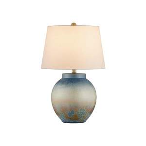 Lampe de table moderne rustique en céramique avec glaçure bleue et beige et accent doré |   Éclairage artisanal rustique pour hall d'hôtel et espaces haut de gamme - Product Image 1