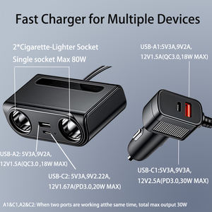 Oruç 6-in-1 araba şarjı adaptörü ile çift sigara çakmaklar <span class=keywords><strong>2</strong></span> USB-A & <span class=keywords><strong>2</strong></span> USB-C portları birden fazla cihaz için LED voltaj göstergesi - Product Image 3