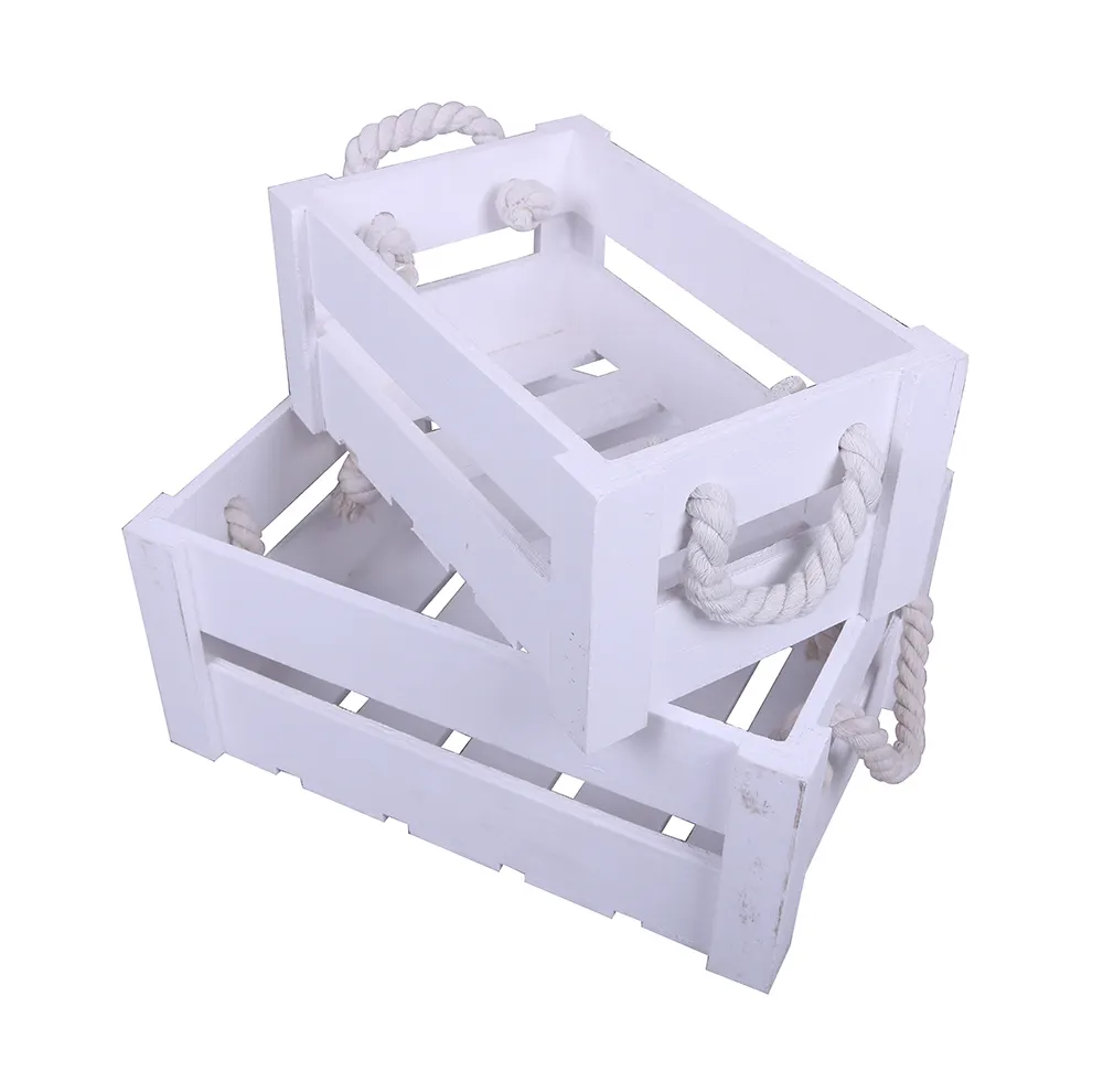 Beyaz dikdörtgen basit ev dekoratif ambalaj kutusu ahşap sandık kutusu kapaksız ahşap depolama sepeti kolları ile