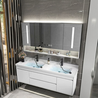Armoire de salle de bain moderne à double vasque avec finition en pierre LED Armoire murale en marbre pour la maison Hôtel Villa Utilisation Comprend une table de lavage Suite de toilette