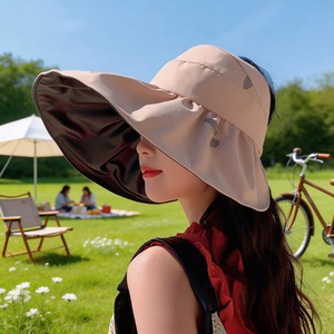 Chapeau de soleil d'été pour femme, style japonais, à large bord, protection UV, pliable, couleur unie, en polyester - Product Image 3