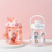 Bouteille d'eau motivante en plastique de 1,1 L avec paille rabattable, support de téléphone portable intégré, mignonne, pour le sport, les voyages et les enfants