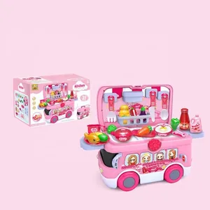Portable 31pcs Miniature Plastic Baby Kitchen Set with Light and Music Unisex Pretend Play Food and Bus Toy