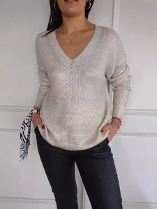 Custom <strong>Womens</strong> Lightweight v Neck Sweater Long Sleeve Metallic Shimmer V Neckline Sweater V Neck Metallic Sweaters - Product Image 3