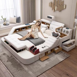 Meubles de chambre à coucher modernes et luxueux, lits rembourrés intelligents avec fonction massage, <span class=keywords><strong>lit</strong></span> double <span class=keywords><strong>king</strong></span> <span class=keywords><strong>size</strong></span>, cadre de <span class=keywords><strong>lit</strong></span> en cuir avec <span class=keywords><strong>rangement</strong></span> - Product Image 1