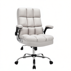 Silla de Oficina Giratoria Ajustable con Respaldo Alto, Cuero Beige, Brazos Abatibles, Ajuste Manual, Base Cromada, para Oficina en Casa - Product Image 1