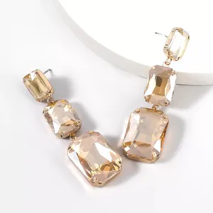 Vintage Jewel Anting Persegi Perhiasan Mewah Kristal Kaca Bor Anting untuk Wanita Berkilau Menjuntai Anting-Anting Perhiasan