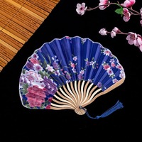 Kipas Tangan Lipat Bambu Cetak Sutra Motif Bunga Vintage Jepang Grosir untuk Hadiah