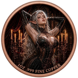 Moneta Commemorativa in Rame Puro .999 da 1oz, con Orecchie Appuntite da Elfo Oscuro Fantasy e Lussuoso Abito Nero e Oro, Artigianato in Metallo con Confezione Regalo - Product Image 3