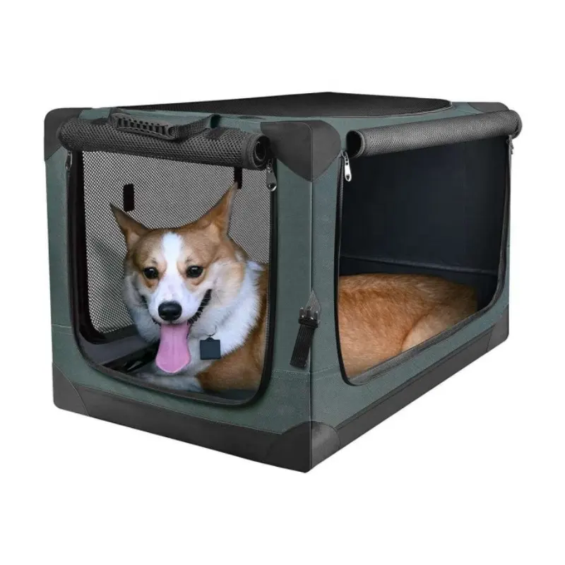 4 Door Portable Folding Dog Crate Kennel with Mesh Mat Locking Zippers for Travel Dog Kennel Cat Carrier Use