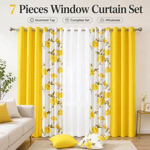 Juego de 7 piezas de cortinas de seda sintética estampada con paneles sólidos, cortina transparente y fundas de cojín, cortinas con ojales para ventana, venta al por mayor - Product Image 5