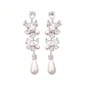 Boucles d'oreilles élégantes en forme de fleur en or blanc avec strass en cristal et perle pour mariage, bijoux en argent 925 pour femmes - Product Image 1