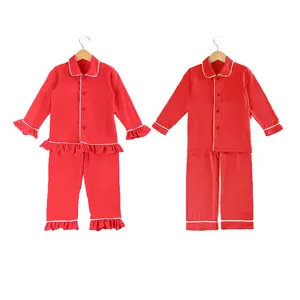 Set lounge sleepwear menina 100% algodão babado estoque crianças pjs pijama definir grosso pijama de natal simples em branco crianças