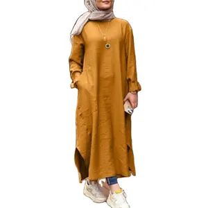 Vestido musulmán de manga larga con bolsillos, Túnica de Color sólido, informal, étnico, musulmán, Dubái, novedad
