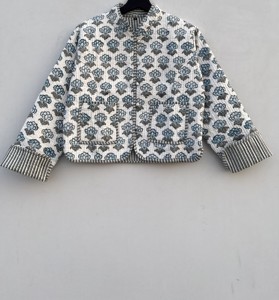 Handmade Quilted <b>Kantha</b> Cotton <b>Jacket</b> Floral Print Embroidery Knitted Technique Stand Button Reversible Short Trendy Winter Coat - Product Image 1