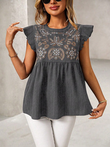 Nuova camicia da <span class=keywords><strong>donna</strong></span> in stile etnico retrò ricamata con spalle regolari e maniche svolazzanti un Pullover corto Casual allentato - Product Image 5