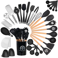 Ensemble d'ustensiles de cuisine en silicone avec manche en acier inoxydable, résistant à la chaleur, noir, 43 pièces, avec support, ODM